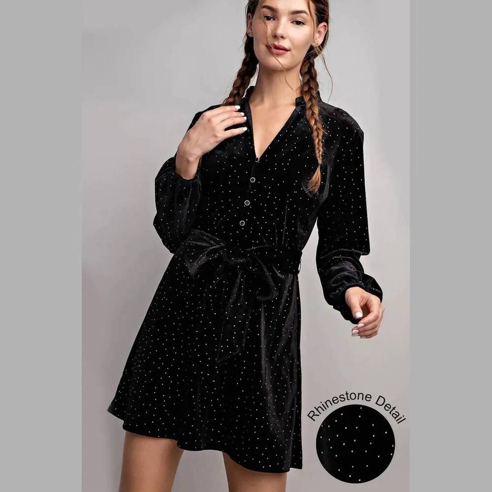 NEW EE:SOME rhinestone tie waist dress in black